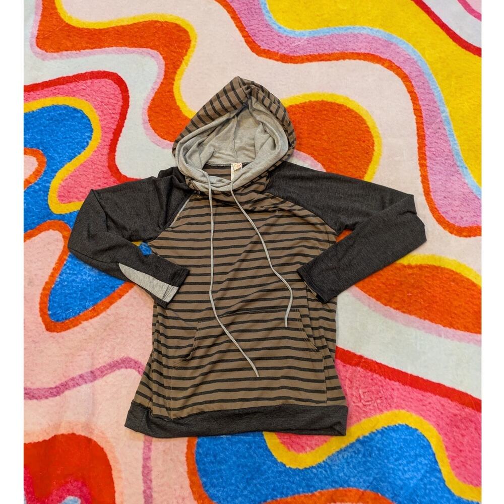 7th Ray 7th Ray Gray/ Tan Stripe Double Hoodie Shirt Size S